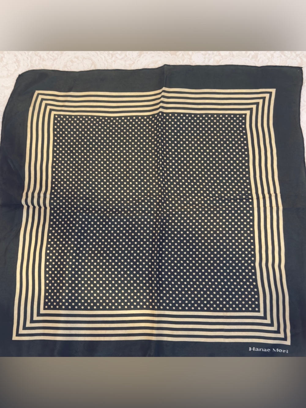 Dark olive color and Cream Polka Dot Silk scarf / bandana / bag decor